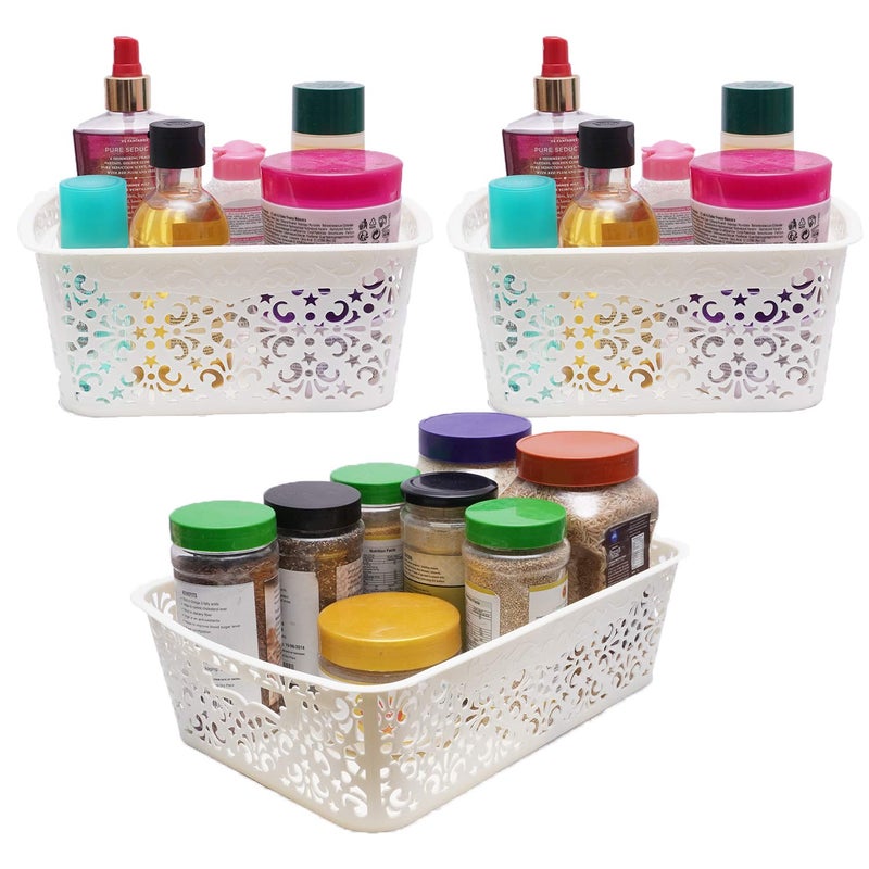 SIMPARTE Plastic Turkish Rectangular Basket for Storage KitchenVegetables Toys Books Office Stationery Utility Cosmetics Accessories Closet Wardrobe Cream 2 Small 1 Medium Set of 3 - Image 2