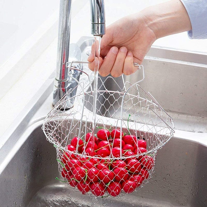 ANKZWEE Foldable Steam Rinse Deep Frying Basket Stainless Steel Fry French Basket Strainer Net Fried Filter Drainage Rack for Fried Food or Fruits Multifunctional Kitchen Cooking Tool - Image 2