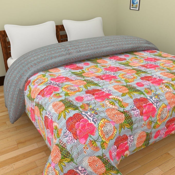 COTTON KANTHA QUILT BEDSPREAD BED COVER MULTICOLOUR 60X88INCH