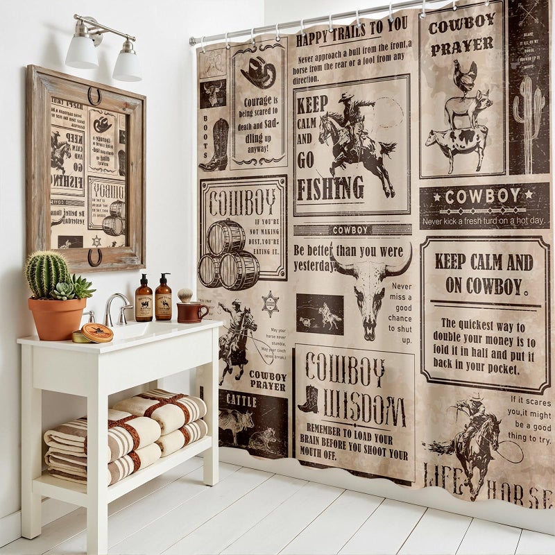 Mocsicka Western Cowboy Shower Curtain Vintage Wild West Country Farmhouse Bathroom Shower Curtain Cowboy Waterproof Fabric Bathtub Curtain Decor with 12 Hooks 72 X 72 Inches - Image 4