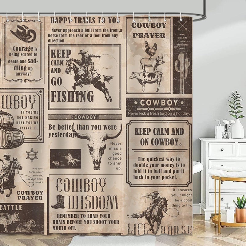 Mocsicka Western Cowboy Shower Curtain Vintage Wild West Country Farmhouse Bathroom Shower Curtain Cowboy Waterproof Fabric Bathtub Curtain Decor with 12 Hooks 72 X 72 Inches - Image 2