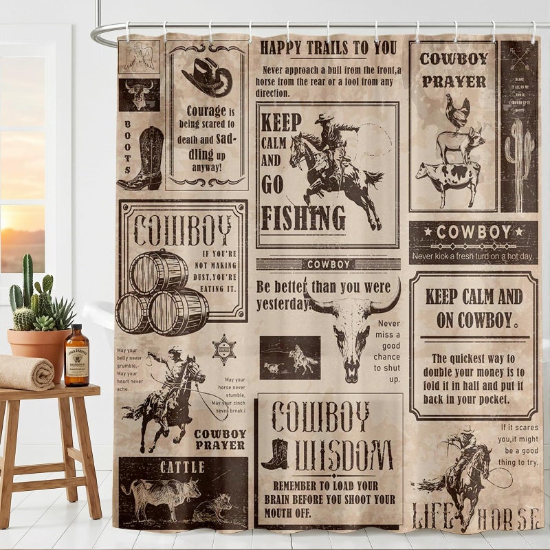 Mocsicka Western Cowboy Shower Curtain Vintage Wild West Country Farmhouse Bathroom Shower Curtain Cowboy Waterproof Fabric Bathtub Curtain Decor with 12 Hooks 72 X 72 Inches - Image 3