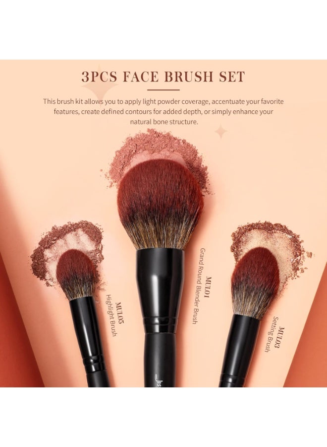 جيساب مجموعة فرش مكياج الوجه الاحترافية الكبيرة من جيسوب، 3 قطع، فرشاة بودرة صناعية فاخرة لتحديد الوجه وإبراز ملامحه، لون أسود T274 - Image 3