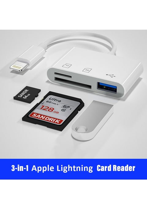 3-In-1 Apple Lightning Card Reader to SD TF USB Connection Smart Memory Card Reader White