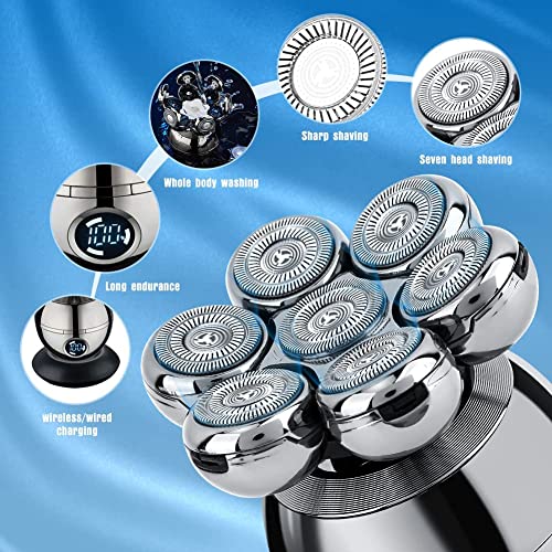 Wjiang Head Shavers for Bald Men, Wjiang 6 in 1 Electric Razor Mens Shaver Wet Dry Cordless Electric Skull Shavers 7D Floating Rechargeable Bald Head Shaver Back for Men Father's Day Gifts - Image 3