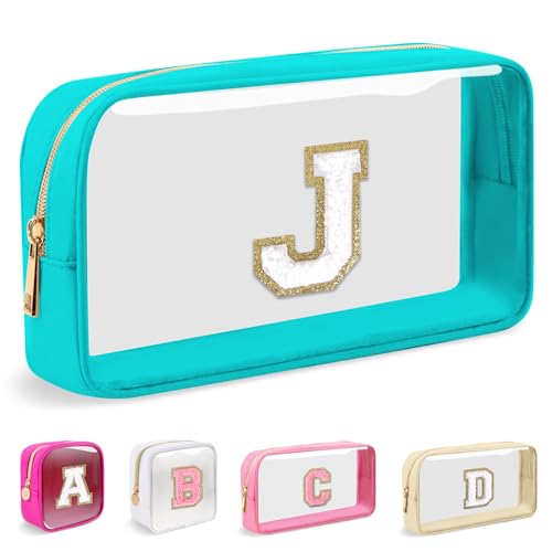 Iqimott Small Clear Personalized Initial Makeup BagNylon Preppy AZ Chenille Letter Patch Cosmetic Pouch Beach Toiletry BagWaterproof Zipper Travel Purse Storage Bag Organizer for Women GirlsCyanWhite J - Image 1