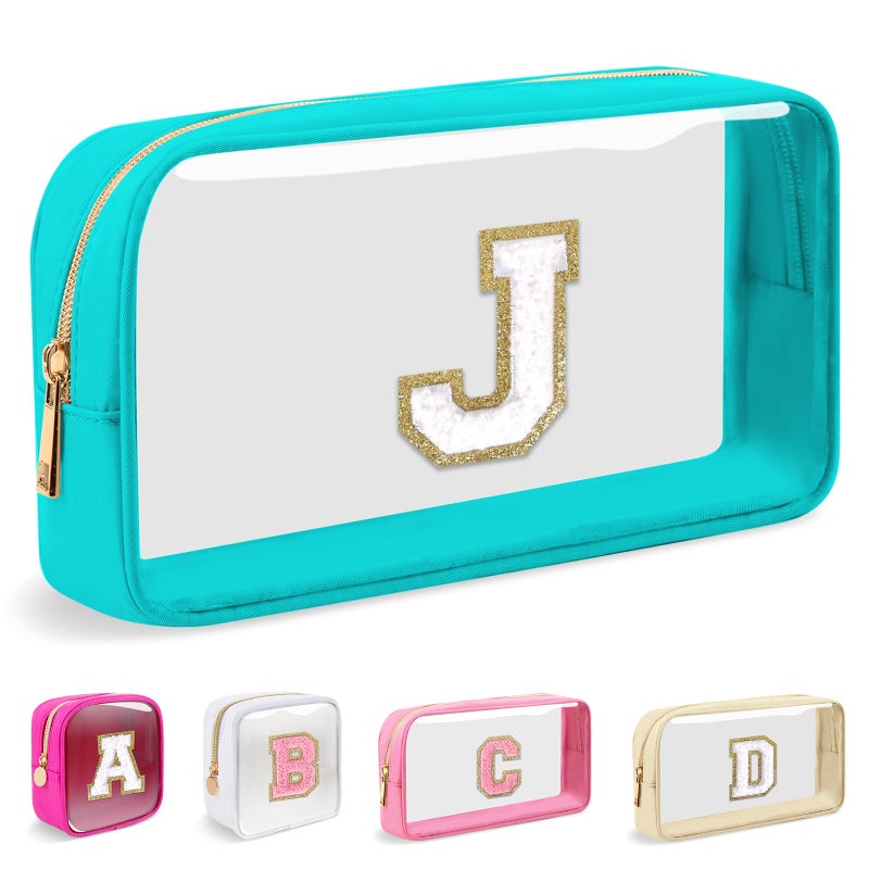 Iqimott Small Clear Personalized Initial Makeup BagNylon Preppy AZ Chenille Letter Patch Cosmetic Pouch Beach Toiletry BagWaterproof Zipper Travel Purse Storage Bag Organizer for Women GirlsCyanWhite J - Image 2