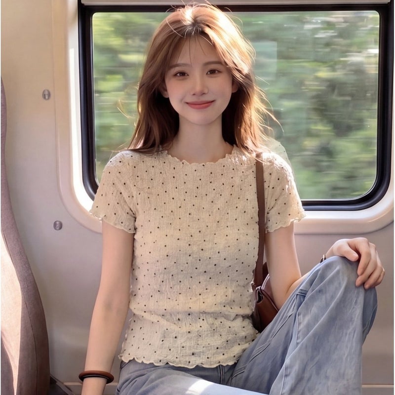 Women's Casual Polka Dot Short Sleeve Knit Top - Image 2