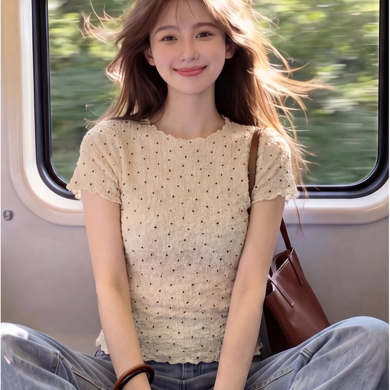 Women's Casual Polka Dot Short Sleeve Knit Top - Image 4