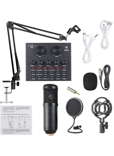 Microphone,Live Sound Card & BM800 Suspension Microphone Kit Broadcasting Recording Condenser Microphone Set Intelligent Volume Audio Mixer Sound Card for Computer PC Live Sound