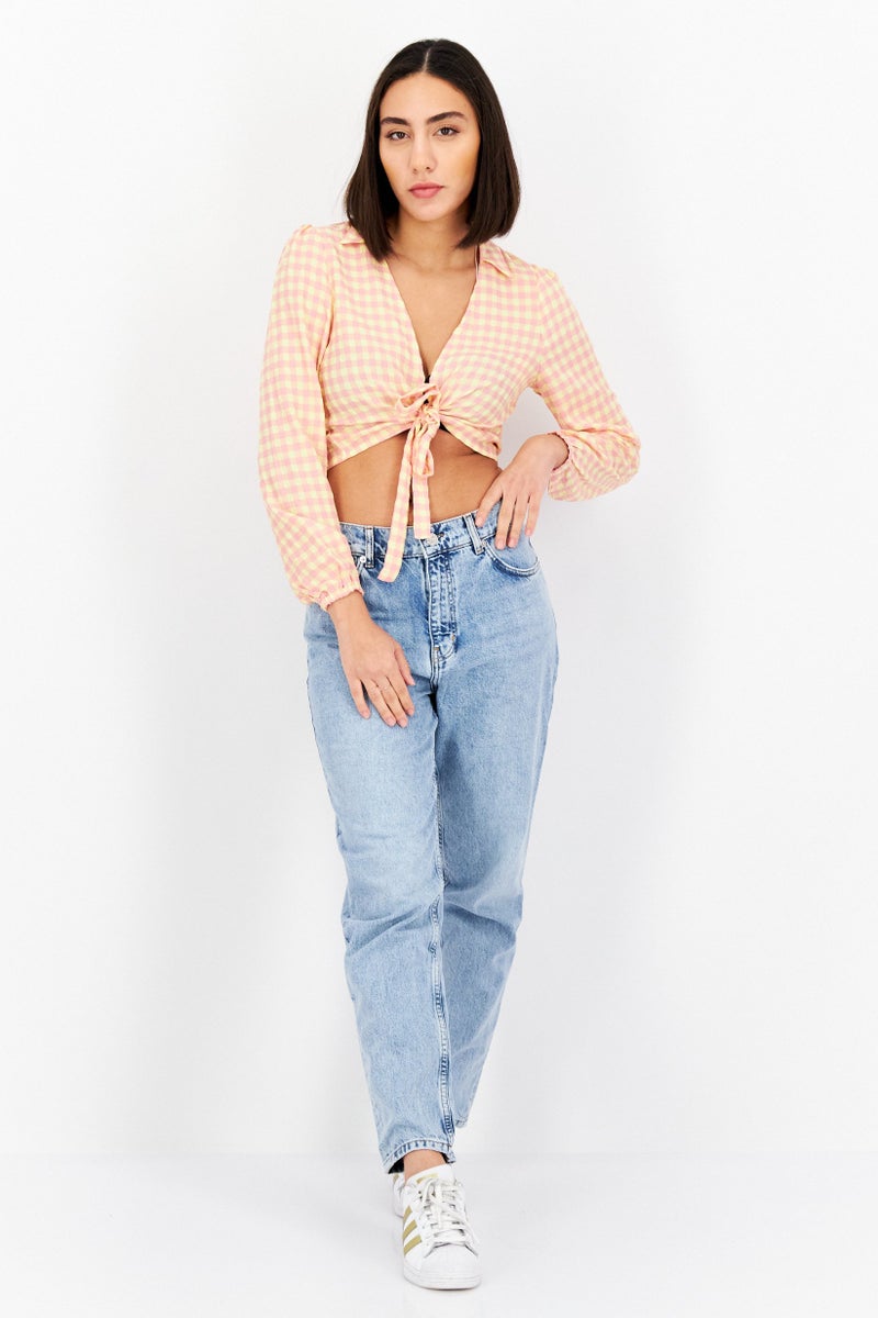 Vila Women V Neck Long Sleeve Gingham Blouse, Pink - Image 3