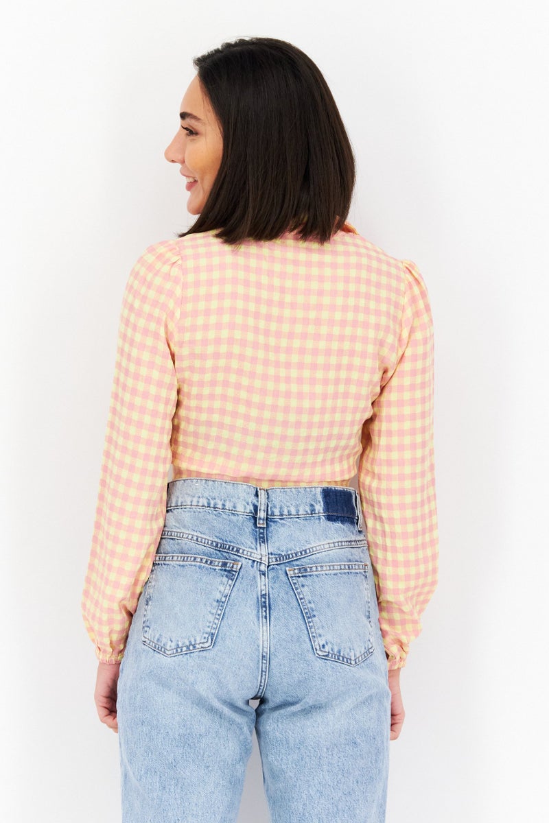 Vila Women V Neck Long Sleeve Gingham Blouse, Pink - Image 2