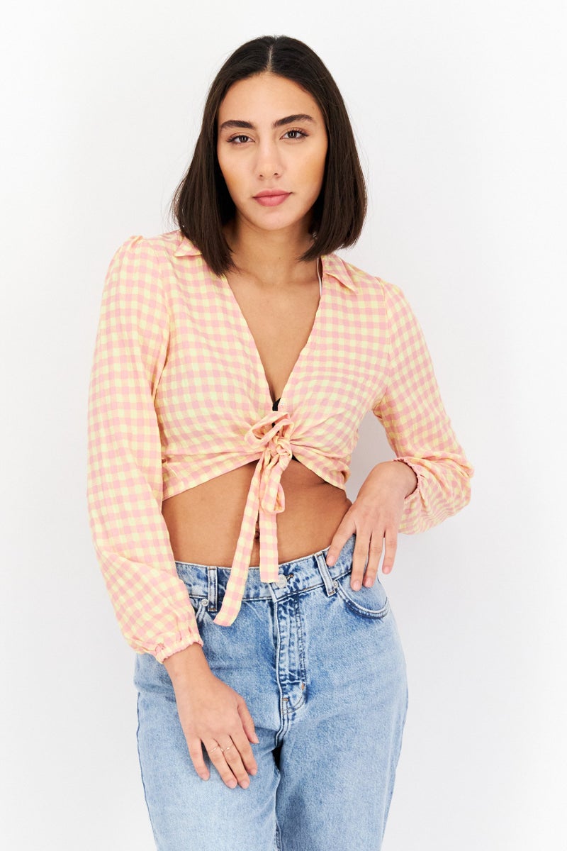 Vila Women V Neck Long Sleeve Gingham Blouse, Pink - Image 1