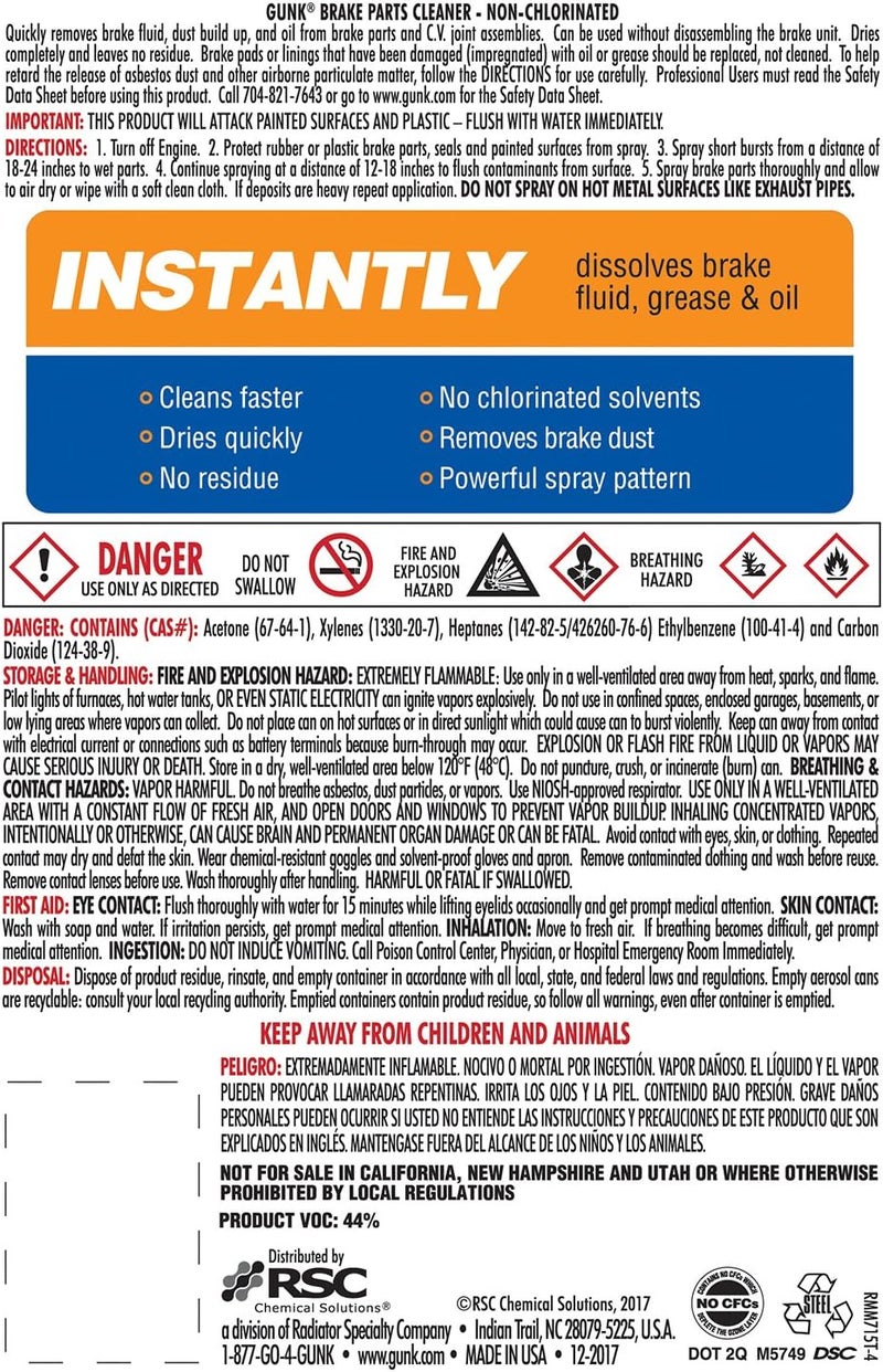 Brake Parts Cleaner – Non-Chlorinated Brake Cleaner Spray Can – Fast-Drying Formula for Pads, Rotors & Calipers - Helps Remove Brake Dust, Oil, Grease & Fluid – 14 oz (Case of 12)