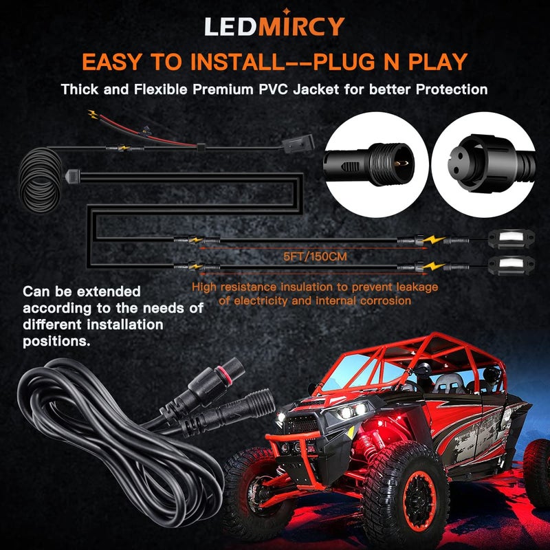 LEDMIRCY LED Rock Lights Extension Cable Wire Cord 2Pin Waterproof 4PCS 5ft 22AWG with Male to Female Connectors 11mm Nut Size for Wheel Lights Spot Flood Light Driving Fog Light for Truck - Image 5