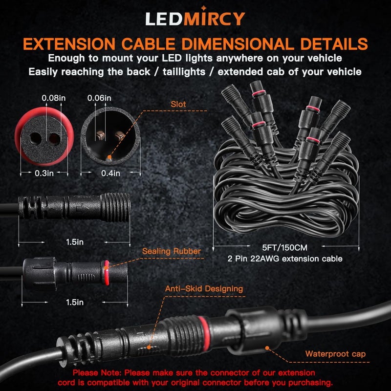 LEDMIRCY LED Rock Lights Extension Cable Wire Cord 2Pin Waterproof 4PCS 5ft 22AWG with Male to Female Connectors 11mm Nut Size for Wheel Lights Spot Flood Light Driving Fog Light for Truck - Image 2