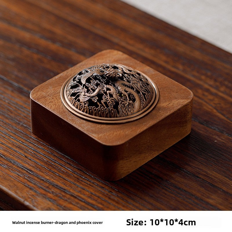 Walnut Zen Tea Ceremony Incense Stove Household Ornaments Chinese-style Indoor Aquilarum Incense Aromatherapy Hollow with Lid Incense Insertion Bottom(Walnut incense burner-dragon and phoenix cover) - Image 1