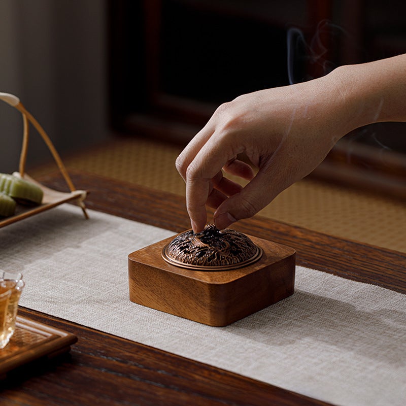Walnut Zen Tea Ceremony Incense Stove Household Ornaments Chinese-style Indoor Aquilarum Incense Aromatherapy Hollow with Lid Incense Insertion Bottom(Walnut incense burner-dragon and phoenix cover) - Image 5
