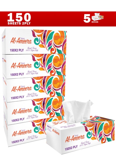 Facial Tissue Paper box 150 Sheets 2 Ply Tissues, Premium Softness and Quality Tissue Paper Pack of 5
