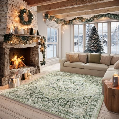 Hedwior 5×7 Machine Washable Rug for Living Room, Boho Vintage 5×7 Area Rug，Distressed Accent Low Pile Ultra Soft Large Carpet for Bedroom Bathroom Dining Room, Floral/Green - Image 1