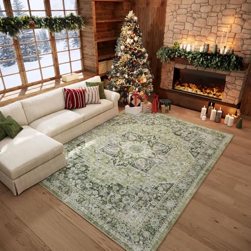 Hedwior 5×7 Machine Washable Rug for Living Room, Boho Vintage 5×7 Area Rug，Distressed Accent Low Pile Ultra Soft Large Carpet for Bedroom Bathroom Dining Room, Floral/Green - Image 2