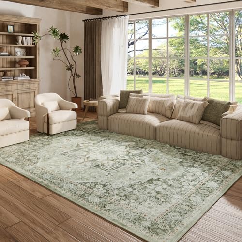 Hedwior 5×7 Machine Washable Rug for Living Room, Boho Vintage 5×7 Area Rug，Distressed Accent Low Pile Ultra Soft Large Carpet for Bedroom Bathroom Dining Room, Floral/Green - Image 4