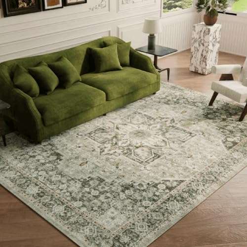 Hedwior 5×7 Machine Washable Rug for Living Room, Boho Vintage 5×7 Area Rug，Distressed Accent Low Pile Ultra Soft Large Carpet for Bedroom Bathroom Dining Room, Floral/Green - Image 3