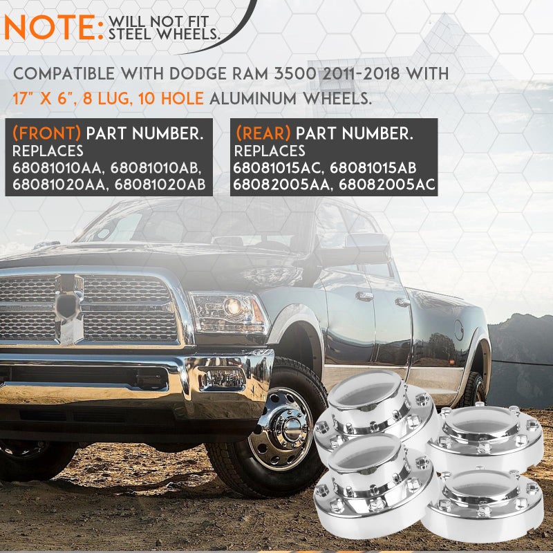 Dexepe Front & Rear Chrome Dually Wheel Center Hub Caps Cover Compatible with Dodge Ram 3500 2011 2012 2013 2014 2015 2016 2017 2018 with Aluminum Wheels Replaces 68081010AA, 68081015AC (4Pcs) - Image 4