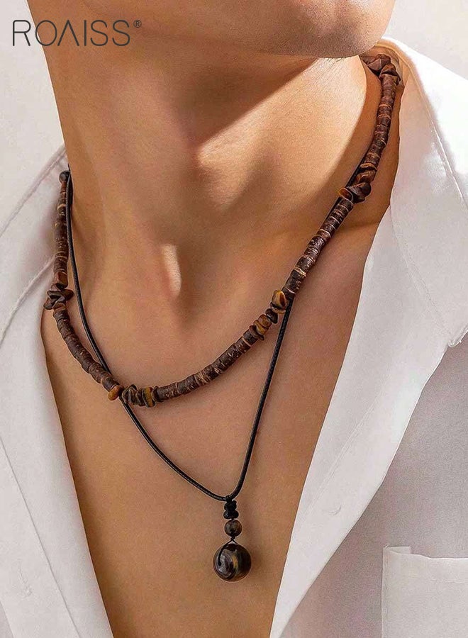 roaiss 3 Pcs Tiger Eye Necklace and Bracelet Set, Double-layer Pendant Clavicle Chain, Vintage Wooden Bead Necklace, Stainless Steel Adjustable Bracelet, Suitable for Men Surfing and Daily Wear - Image 3
