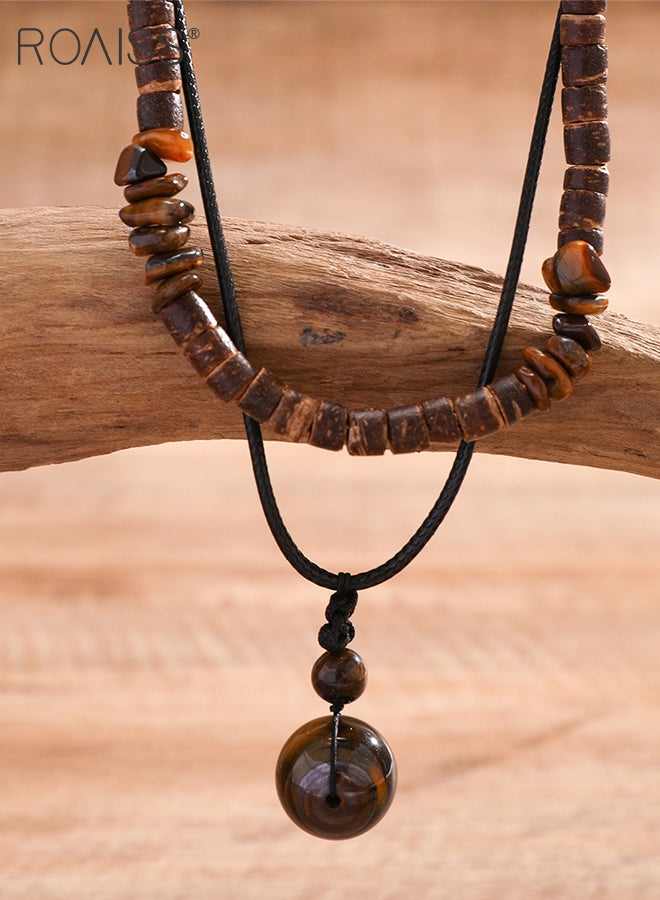 roaiss 3 Pcs Tiger Eye Necklace and Bracelet Set, Double-layer Pendant Clavicle Chain, Vintage Wooden Bead Necklace, Stainless Steel Adjustable Bracelet, Suitable for Men Surfing and Daily Wear - Image 5