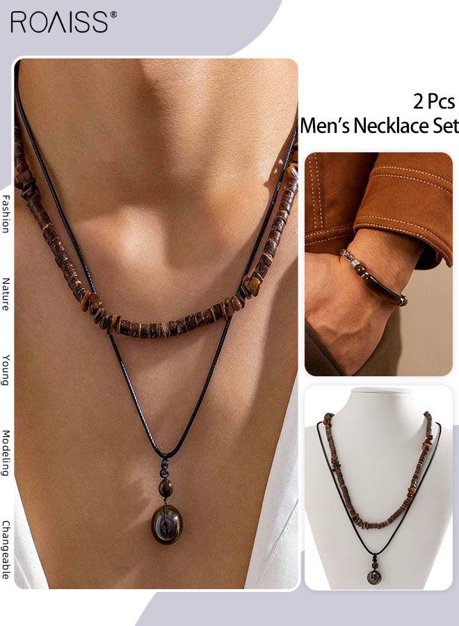 roaiss 3 Pcs Tiger Eye Necklace and Bracelet Set, Double-layer Pendant Clavicle Chain, Vintage Wooden Bead Necklace, Stainless Steel Adjustable Bracelet, Suitable for Men Surfing and Daily Wear - Image 1