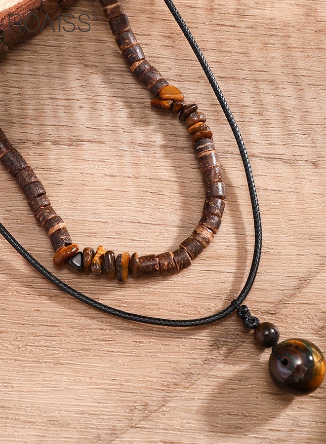 roaiss 3 Pcs Tiger Eye Necklace and Bracelet Set, Double-layer Pendant Clavicle Chain, Vintage Wooden Bead Necklace, Stainless Steel Adjustable Bracelet, Suitable for Men Surfing and Daily Wear - Image 4