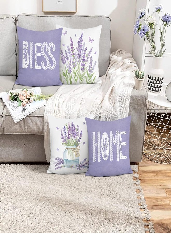 Bonhause Summer Lavender Throw Pillow Covers 18 x 18 Inch Lilac Floral Home Bless Purple Decorative Pillow Cases for Sofa Bed Garden Patio Home Decor Set of 4 - Image 2