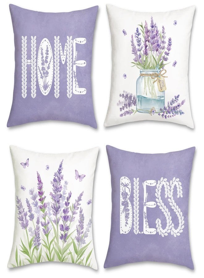 Bonhause Summer Lavender Throw Pillow Covers 18 x 18 Inch Lilac Floral Home Bless Purple Decorative Pillow Cases for Sofa Bed Garden Patio Home Decor Set of 4 - Image 1
