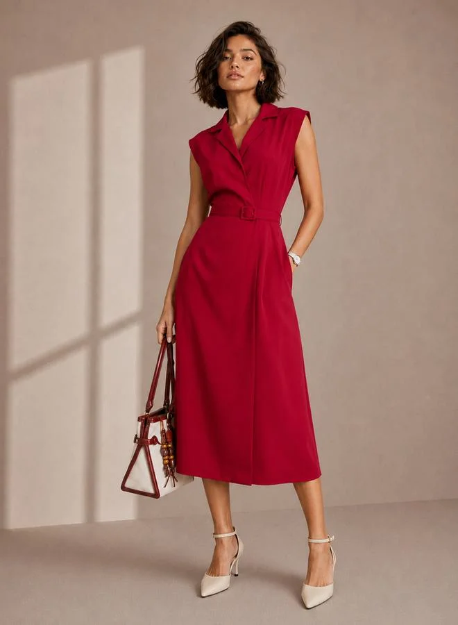 ستايلي Red Solid Belted Sleeveless Sheath Midi Dress