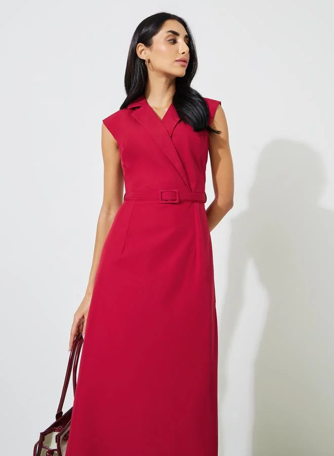 ستايلي Red Solid Belted Sleeveless Sheath Midi Dress