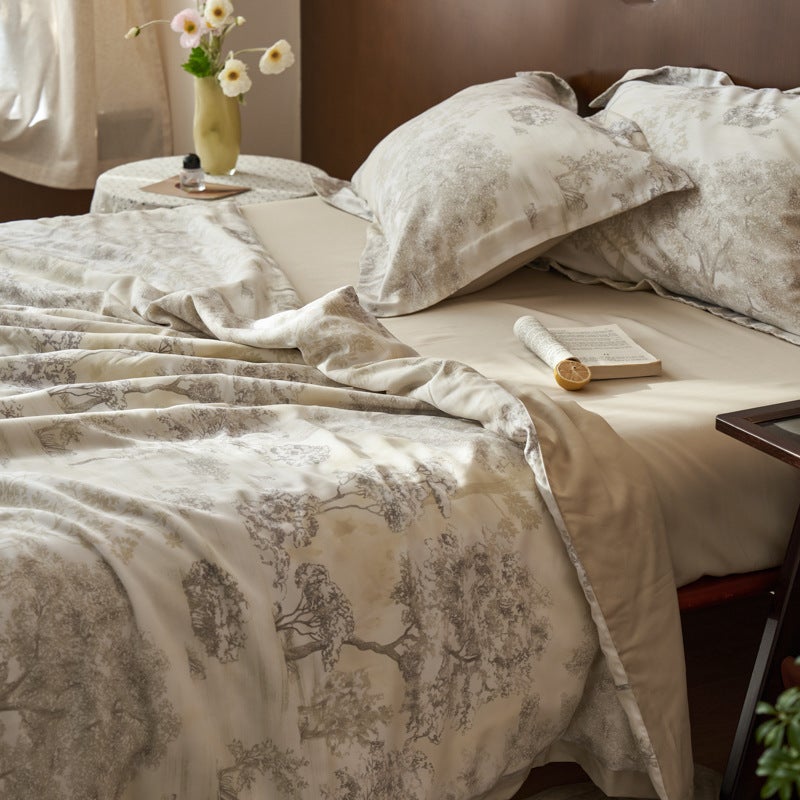 60s Lanjing Tencel Summer Cool Quilt Four-piece Summer Soybean Fiber Quilt Summer Cool Naked Sleep Air Conditioning Quilt Core Secret Mirror (Yellow) 