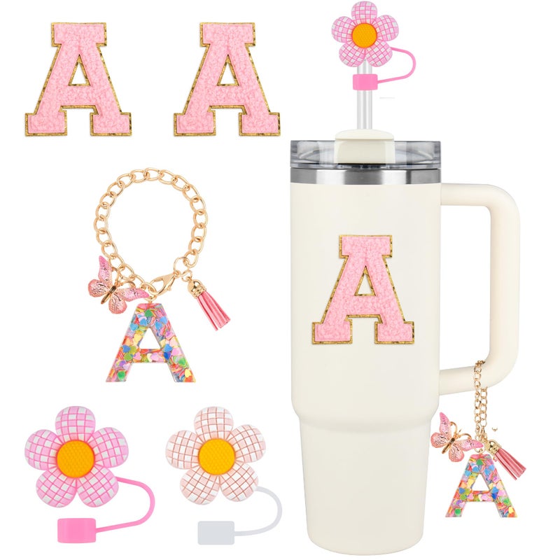 Stanley Cup Accessories 5PCS Tumbler Initials Decorations Straw Toppers Silicone Straw Cover Cap Cute Letter Charms for Stanley 40 oz 30 oz Tumbler Sticker APink