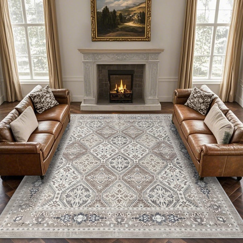 Brevonox Area Rug for Living Room  Vintage Indoor Machine Washable Rug for Bedroom Dinning Room Floor  Soft LowPile Carpet NonSlip Backing Tan Rugs for Office  Soft Brown 8  10