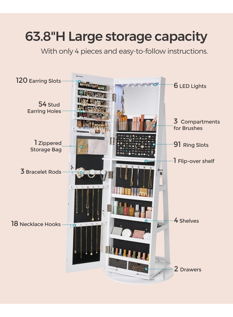360°Swivel Jewelry Armoire, Lockable Jewelry Cabinet with LED, Standing Multiple Sizes Organizer and Rear Storage Shelves, Frame less Full-Length Mirror for Living Room Bedroom（6267B） - Image 5