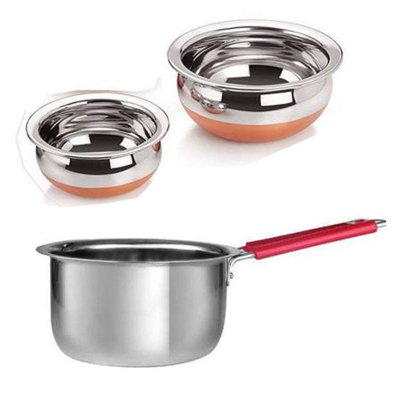 Liolis Stainless Steet Saucepans for Tea | Milk Boiling Copper Bottom Wire Handle Sauce Pan 1400ml 1Pcs | Handi Set 2Pcs 400ml & 600ml