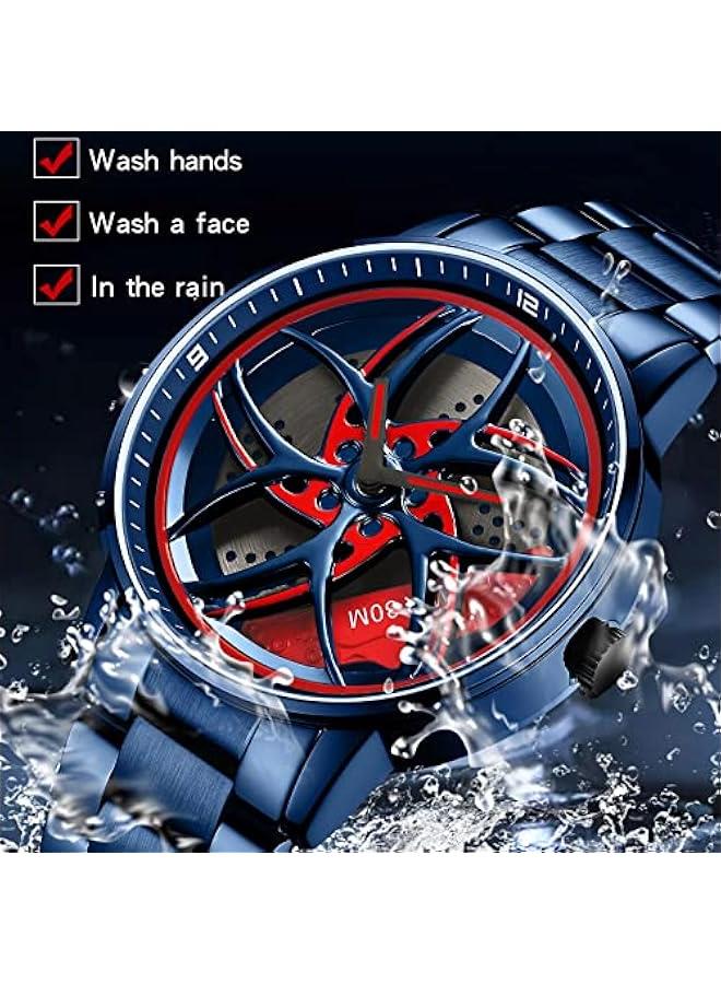 Men's Watch Designer 3D Skeleton Rotation Car Wheel Stainless Steel Leather Band Wrist Watches for Men Analog Quartz Watch Daily Life Waterproof Unique Creative  - Image 4