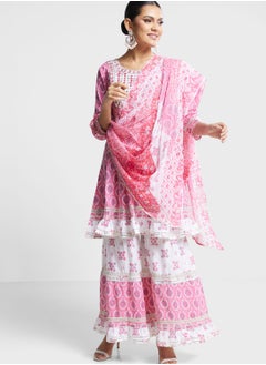 Printed Tiered Hem Kurti & Sharara Pants Set