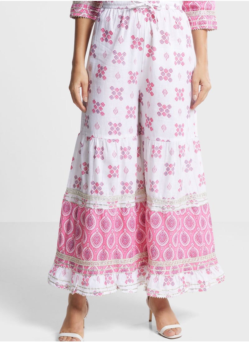 indya - Printed Tiered Hem Kurti & Sharara Pants Set - Image 1