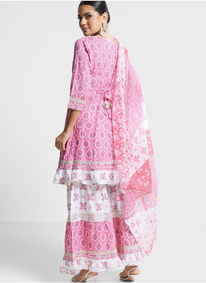 indya - Printed Tiered Hem Kurti & Sharara Pants Set - Image 1