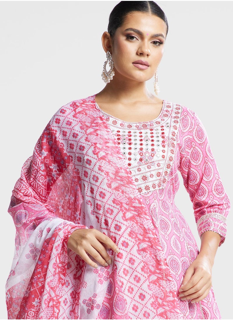 indya - Printed Tiered Hem Kurti & Sharara Pants Set - Image 1