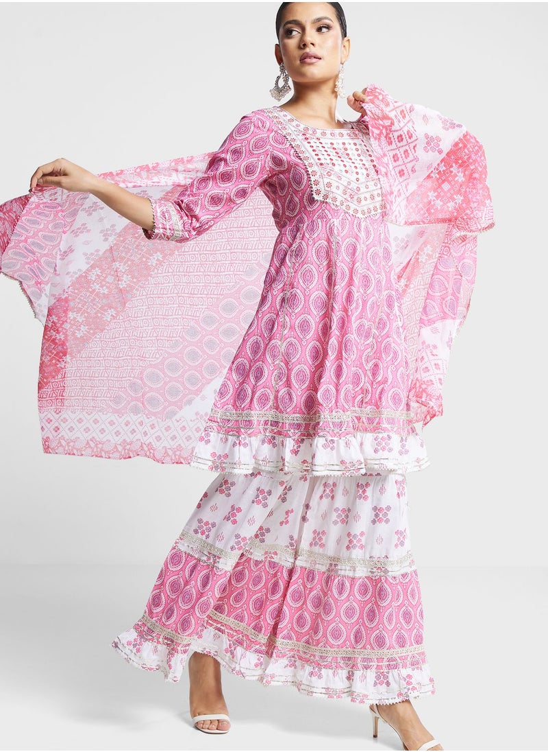 indya - Printed Tiered Hem Kurti & Sharara Pants Set - Image 1