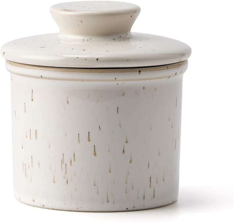 Xela Ceramic Butter Crock, The Original Reactive Glaze Speckled White, Butter Dish With Water Line for Spreadable Fresh Butter - Speckled White - Image 1