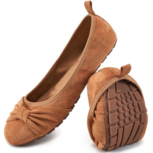 Ecetana Womens Flats Shoes Dressy: Round Toe Bowknot Suede Foldable Comfortable Casual Slip On Ballet Loafers Light Brown - Image 1