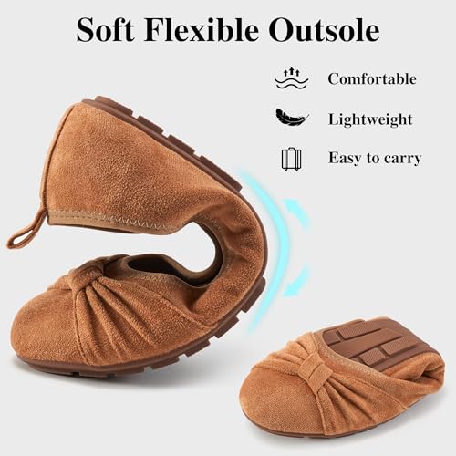 Ecetana Womens Flats Shoes Dressy: Round Toe Bowknot Suede Foldable Comfortable Casual Slip On Ballet Loafers Light Brown - Image 4